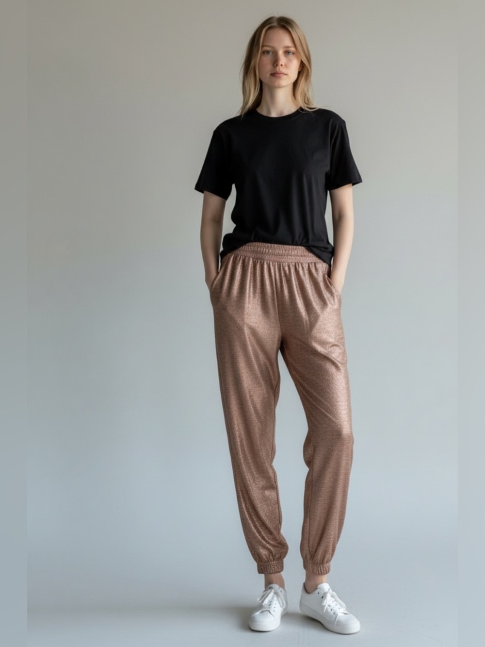 ANTHROPOLOGIE Pink Rose‎ Metallic Pull On Stretch Waist Jogger Pants Size Large